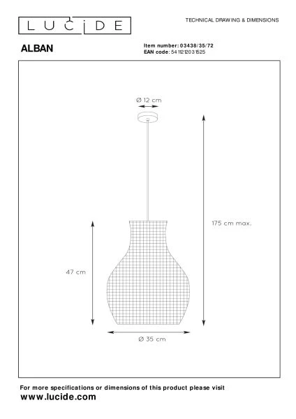 Lucide ALBAN - Suspension - Ø 35 cm - 1xE27 - Naturel - TECHNISCH